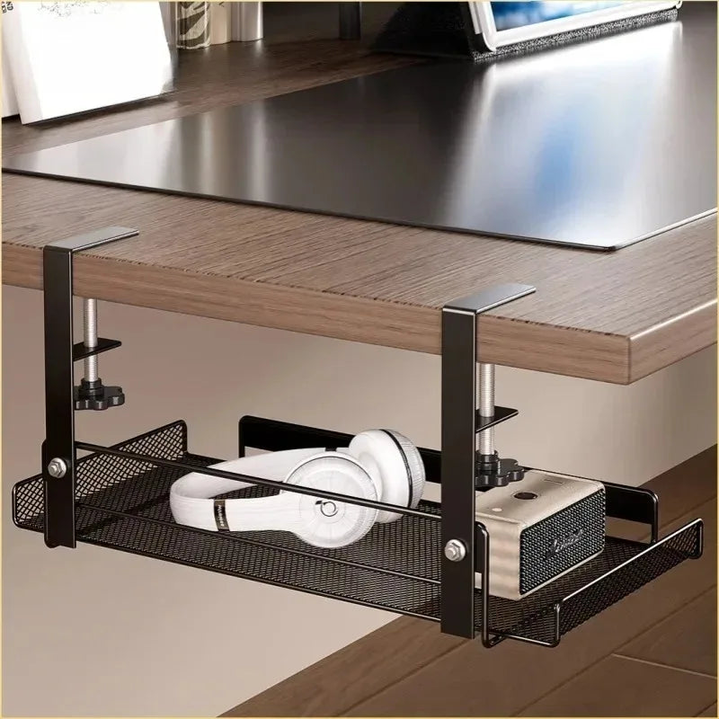 Under-desk cable basket mounted under a desk